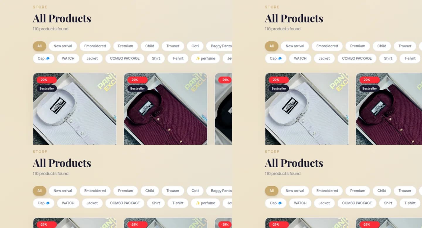 Storefront product catalog with category filters, sorting, and product cards with prices in Taka