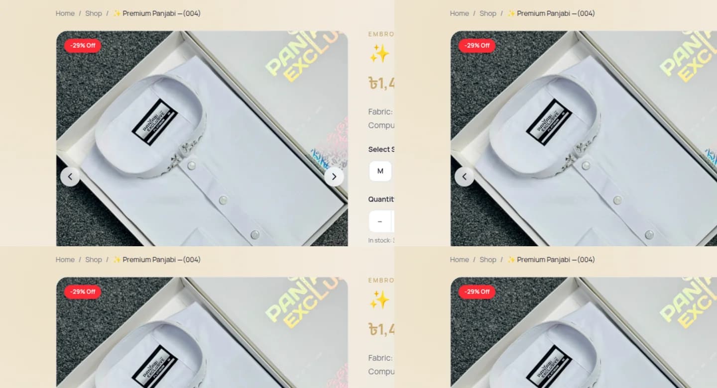 Product detail page with gallery, size selection, quantity, stock status, and cash-on-delivery checkout actions